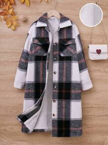 Tween Girl Plaid Print Drop Shoulder Flap Pocket Overcoat - Multicolor - View 1