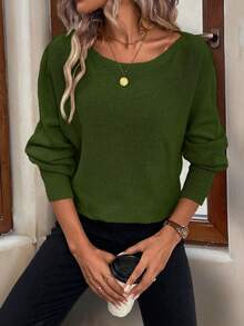 SHEIN Essnce Solid Batwing Sleeve Boat Neck Sweater - Dark Green - View 3