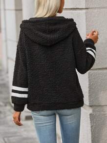 SHEIN LUNE 撞色条纹印花落肩抽绳泰迪连帽套头衫秋季卫衣 - 黑色 - 查看 2