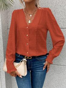 SHEIN Frenchy Chấm Swiss Cắt vỏ sò tay áo lá sen Nút phía trước Áo sơ mi - Rỉ Nâu - Xem 6