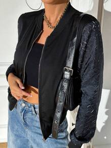 Chiquease Contrast Sleeve Zip Up Bomber Jacket - Black - View 1