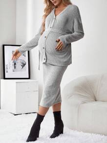 SHEIN Maternity Drop Shoulder Button Front Top & Adjustable Waist Skirt - Grey - View 6