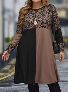 EMERY ROSE Plus Leopard Print Colorblock Tee Dress - Multicolor - View 5