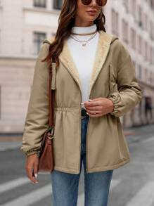 SHEIN LUNE Thả vai Lót Teddy Áo trùm đầu - Màu Khaki - Xem 1