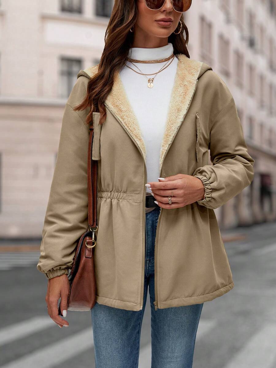 SHEIN LUNE Thả vai Lót Teddy Áo trùm đầu - Màu Khaki - Xem 1