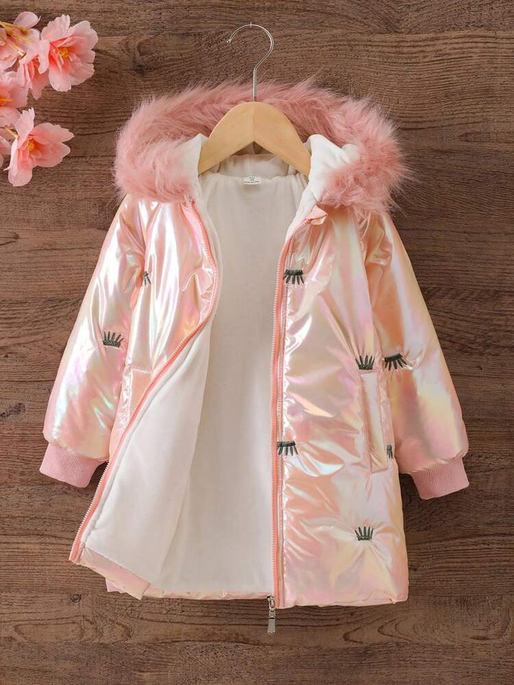 Girls' Pink Flower Embossed Zipper Hooded Thick Padded Coat