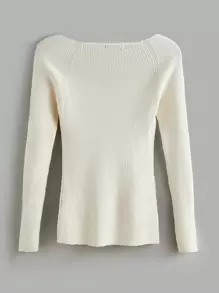 SHEIN BASICS Sweetheart Neck Raglan Sleeve Ribbed Knit Sweater,Long Sleeve Tops - Beige - View 2