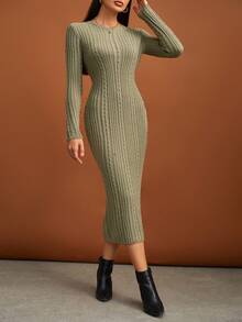 SHEIN Tall Solid Cable Knit Bodycon Sweater Dress - Army Green - View 3