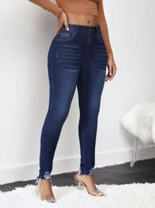 SHEIN Distressed Raw Edge Skinny Denim Trousers - Dark Wash - View 4