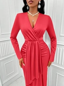 SHEIN Lady 交疊領褶邊不對稱下擺洋裝 - 紅色 - 查看 4