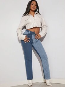SHEIN SXY Overlap Waist Striped Print Colorblock Jeans - Multicolor - View 3