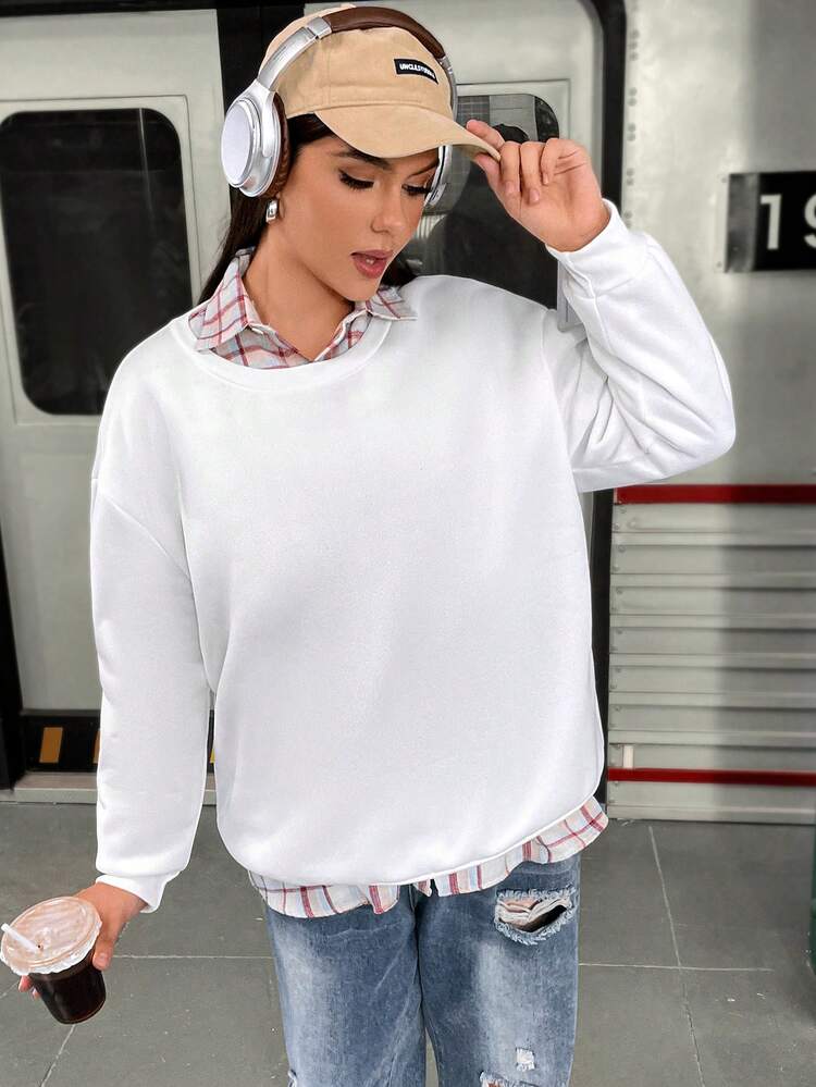 Plus Floral & Slogan Graphic Drop Shoulder Sweatshirt Pullover Fall Sweatshirt