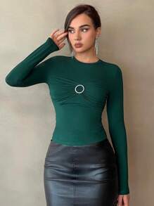 SHEIN Privé 環鏈前收褶修身T恤 - 墨綠色 - 查看 1