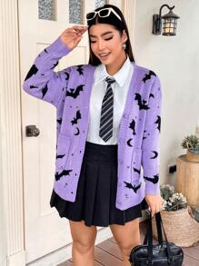 Sunspun Hơn Hình con dơi Túi Kép Thả vai Áo len Mở - Màu tím - Xem 6