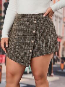 Flirla Plus Plaid Pattern Button Front Tweed Skort - Coffee Brown - View 5