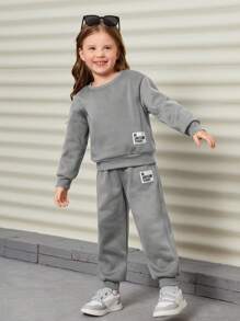 SHEIN Young Girl Letter Graphic Drop Shoulder Sweatshirt & Sweatpants - Grey - View 4