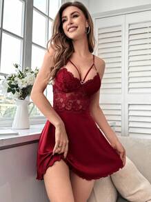SHEIN Contrast Lace Cami Pajama Nightdress - Burgundy - View 3