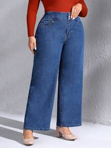 SHEIN LUNE Plus High Waist Wide Leg Jeans - Dark Wash - View 5