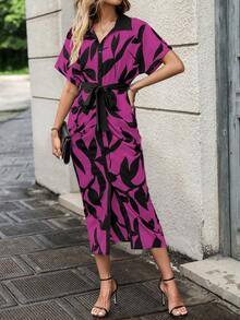 SHEIN Unity Leaf Print Batwing Sleeve Belted Shirt Dress - Multicolor - View 5
