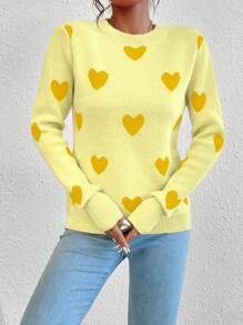 SHEIN Unity Heart Pattern Round Neck Sweater,Long Sleeve Tops Knit Pullover Fall Winter Sweater - Yellow - View 4