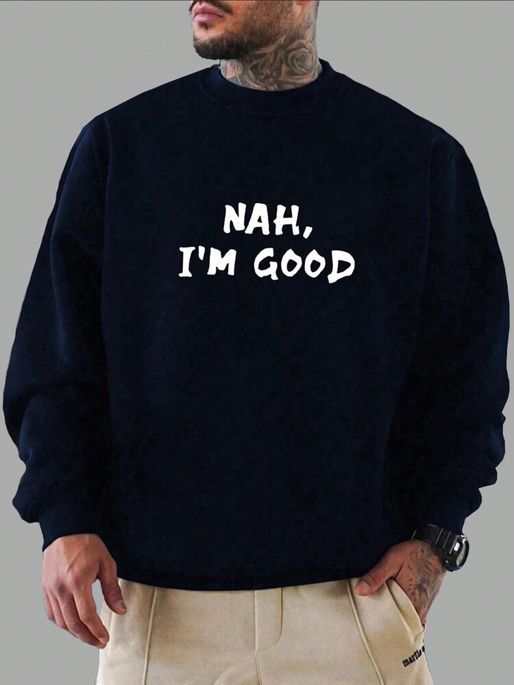 Manfinity Homme Men Plus Slogan Graphic Sweatshirt - Navy Blue - View 1
