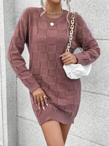 SHEIN Unity Solid Drop Shoulder Sweater Dress Without Belt - Red Violet - View 1