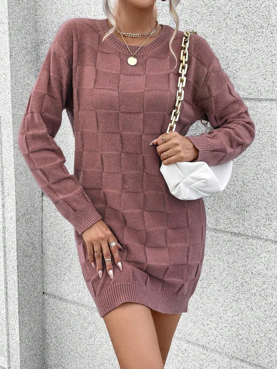 SHEIN Unity Solid Drop Shoulder Sweater Dress Without Belt - Red Violet - View 1