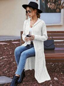 SHEIN Essnce Dệt kim chấm bi Túi Kép áo có mũ Áo len Duster - Màu be - Xem 5