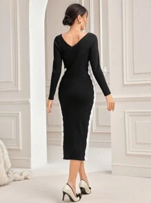 Modelyn Contrast Lace Split Hem Bodycon Sweater Dress Fall Cloth For Women - Black - View 2