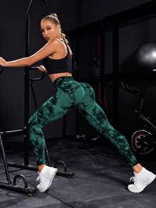 Powerista Tie Dye Tummy Control Sports Leggings Yoga Women Pants - Dark Green - View 2