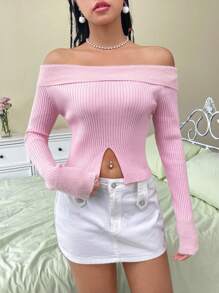 SHEIN MOD Off Shoulder Split Hem Crop Sweater - Pink - View 1