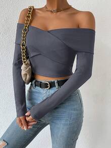 SHEIN Privé Off Shoulder Quấn chéo Top Cây trồng - Màu xanh lam - Xem 4