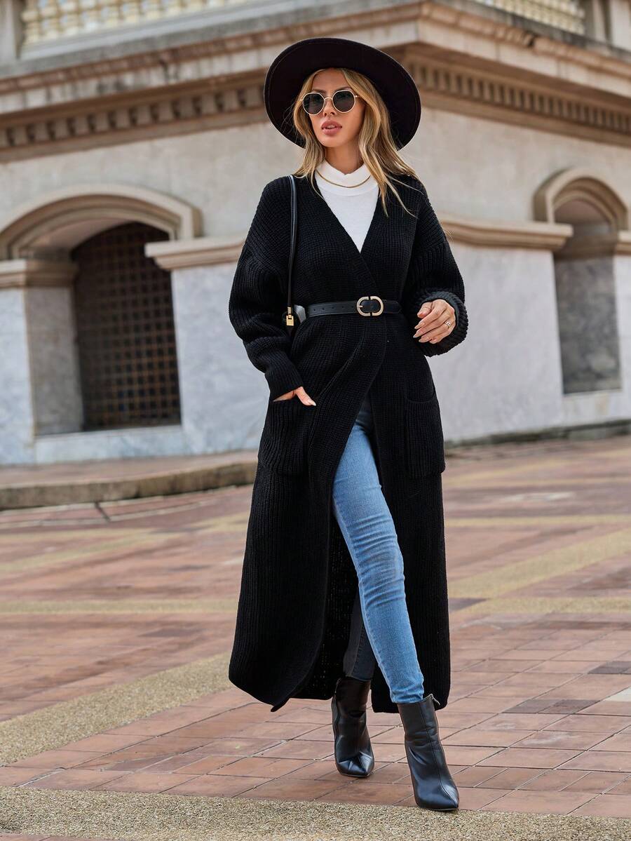 SHEIN Clasi Dual Pocket Drop Shoulder Cardigan Without Belt - Black - View 1