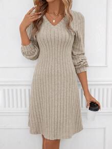 SHEIN Clasi Solid V Neck Ribbed Knit Dress - Apricot - View 1