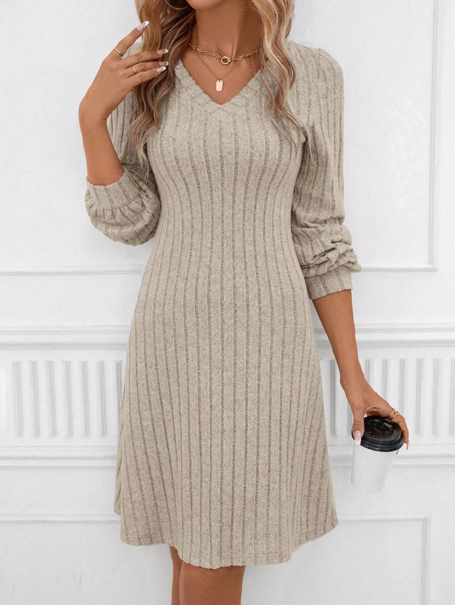 SHEIN Clasi Solid V Neck Ribbed Knit Dress - Apricot - View 1
