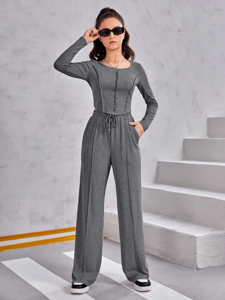 SHEIN Teen Girl Lettuce Trim Top & Wide Leg Pants Set - Dark Grey - View 5