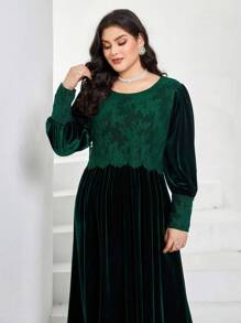 Al Najma Plus Floral Lace Insert Lantern Sleeve Dress - Dark Green - View 3