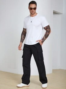 Manfinity Homme Men Plus Flap Pocket Side Cargo Loose Pants Straight Leg Long Drawstring Plain Black Going Out Size - Black - View 7