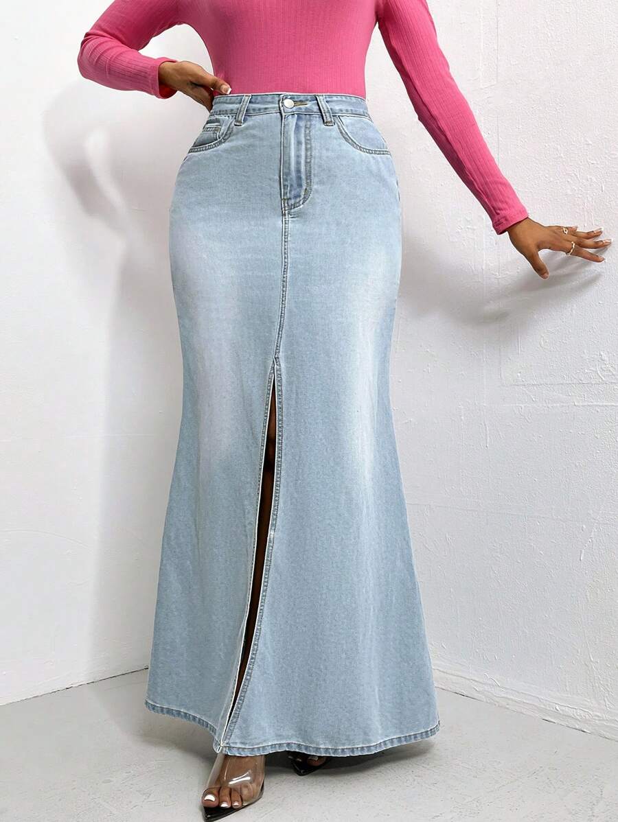 SHEIN SXY Tách đùi Nàng tiên cá Hem Váy Denim - Rửa nhẹ - Xem 1