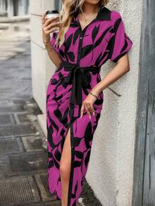 SHEIN Unity Leaf Print Batwing Sleeve Belted Shirt Dress - Multicolor - View 3