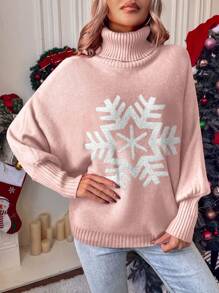 SHEIN LUNE Jersey con patrón de copo de nieve cuello alto de manga murciélago - Rosa - Ver 3