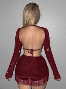 SHEIN ICON Cắt ra Ca-vát Backless Áo Crop Halter - Màu đỏ tím - Xem 2