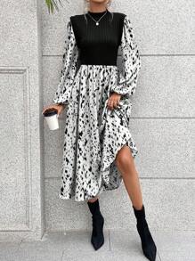 SHEIN VCAY 圖案印花燈籠袖假兩件洋裝 - 黑與白 - 查看 1