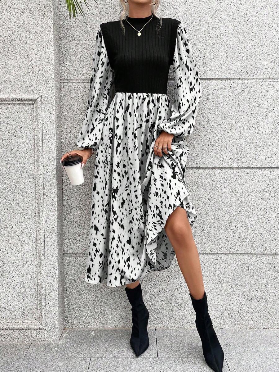 SHEIN VCAY 圖案印花燈籠袖假兩件洋裝 - 黑與白 - 查看 1