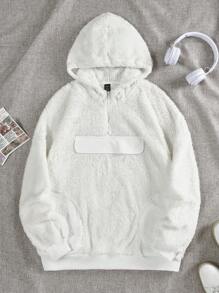 SHEIN EZwear Half Zip Drop Shoulder Teddy Sweatshirt - White - View 1