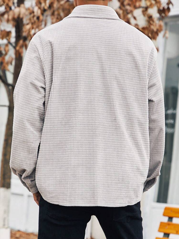 Men Plus Solid Textured Flap Pocket Shacket