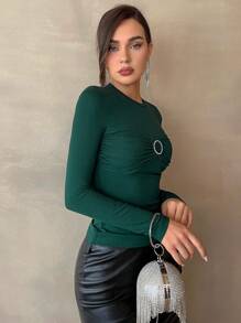 SHEIN Privé 環鏈前收褶修身T恤 - 墨綠色 - 查看 3