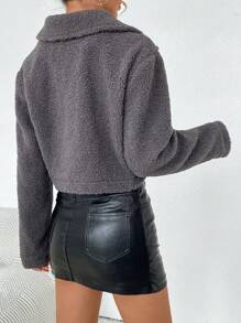 SHEIN Essnce Dây kéo Mùa vụ Áo Teddy Jackets - Xám - Xem 2
