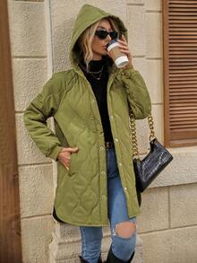 SHEIN Essnce 按扣插肩袖连帽绗缝加厚外套冬季服装 - 綠色 - 查看 5