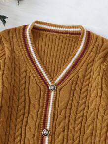 SHEIN Tween Girl Striped Trim Cable Knit Cardigan & Knit Skirt